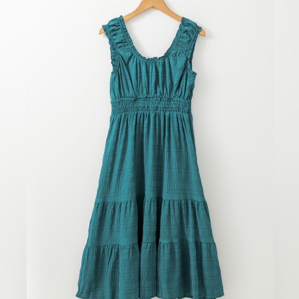 Shirred Pleated Square Neck Sleeveless Teal Tiered Midi Dress Sz S M L XL